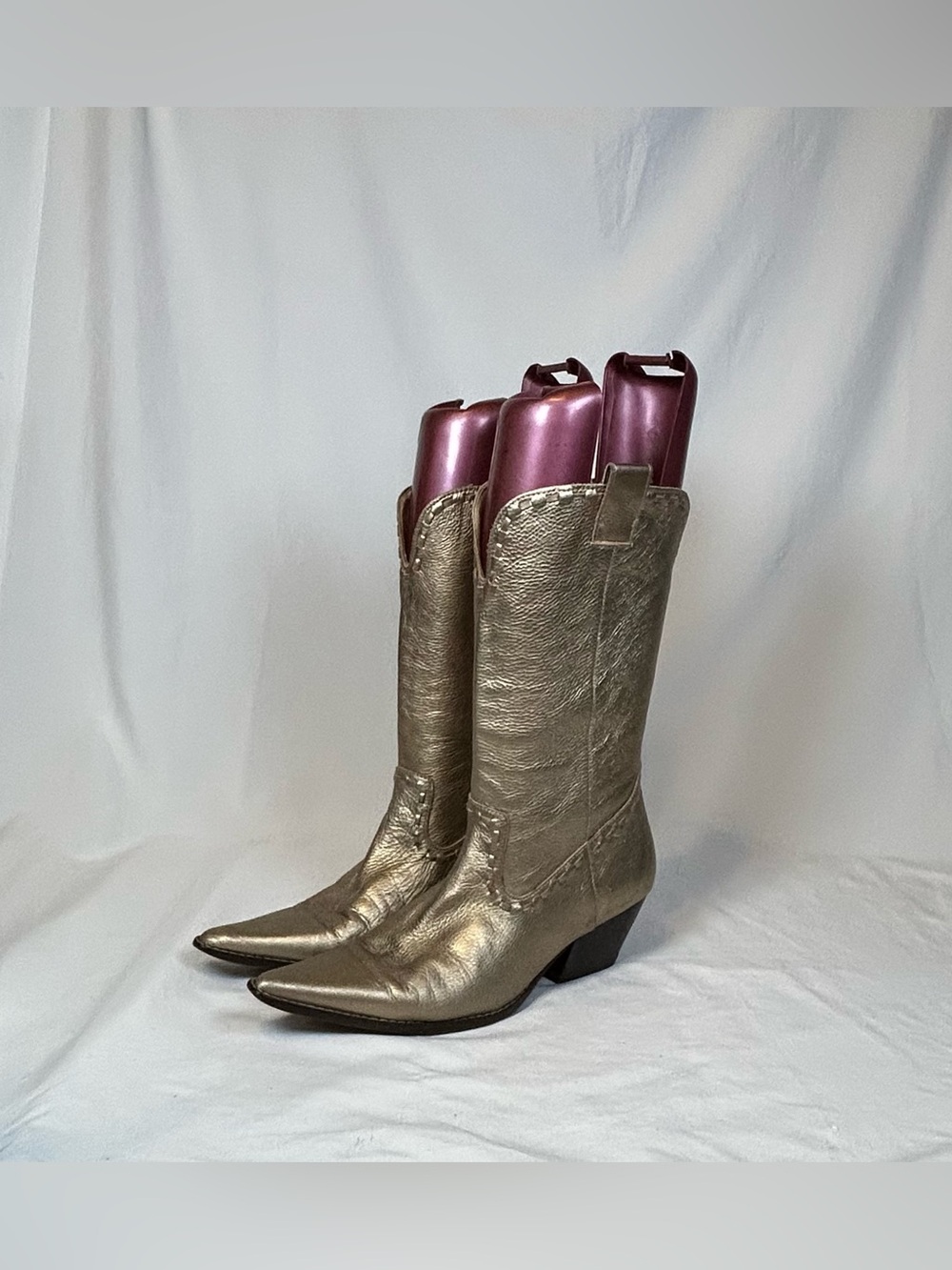 Michael Kors Metallic Gold Leather Pointy Toe Cowgirl Western Boots~8.5~
